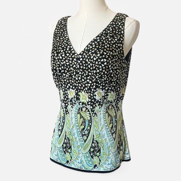 VTG Y2K Talbots Pure Silk Black, Green & White Floral Paisley Boho Fairy Top 6/S - Picture 4 of 7